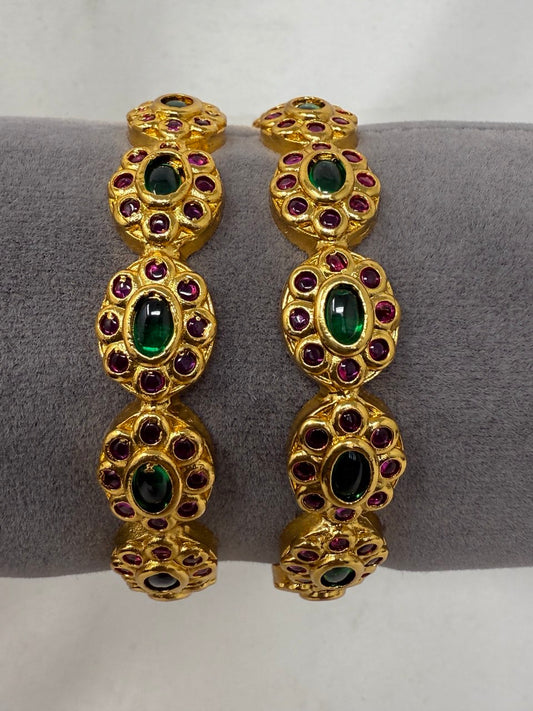 GAD1 - Royal Emerald & Ruby Floral Kadas – Gold-Plated Traditional Statement Bangles