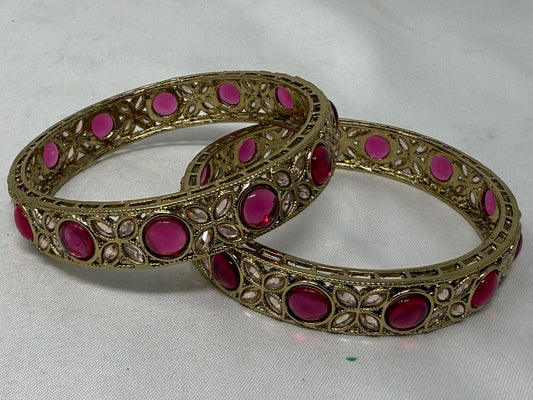 GM1 - Regal Ruby & Antique Gold Floral Kadas – Pavé Diamond Filigree Bangle Set