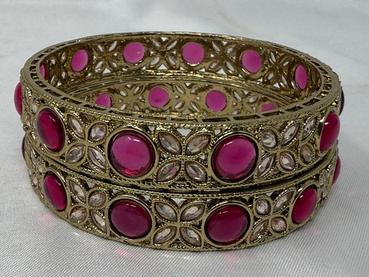 GM1 - Regal Ruby & Antique Gold Floral Kadas – Pavé Diamond Filigree Bangle Set