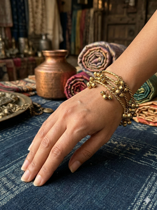 KMG - 4 Pc Kashmiri Mehendi Gold Antic Bangles with Bells, Ghungroo Kada Set