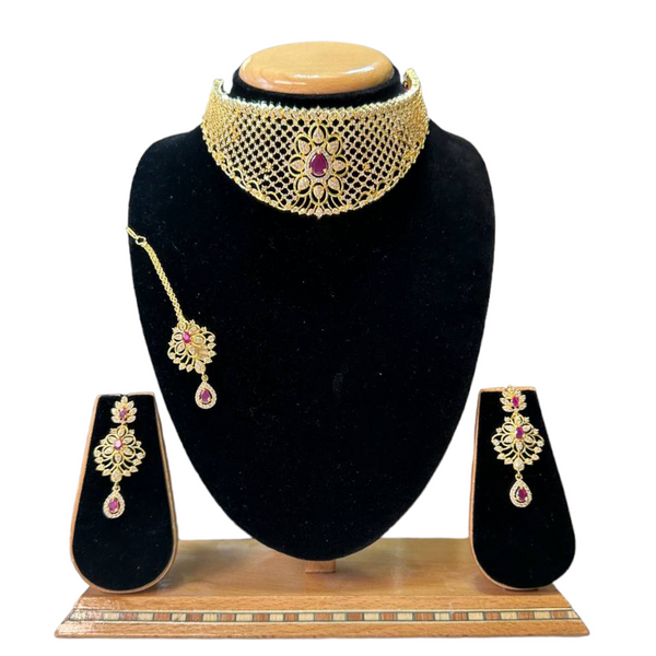 Choker Necklace Set With American Diamond CZ & Ruby Stones ADC14