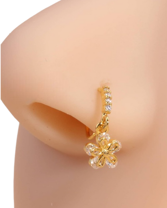 Gold Finish With Cubic Zirconia Stones Flower Nose Ring Hoop N43