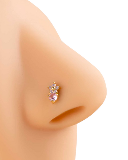 Gold Finish With Cubic Zirconia & Pink Stone Nose Stud N33