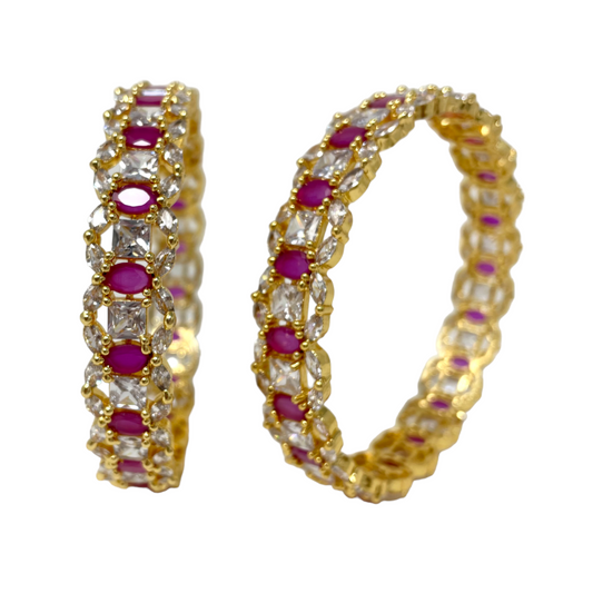 2pc Gold Plated with American Diamond CZ & Ruby Stones Bangle GD13
