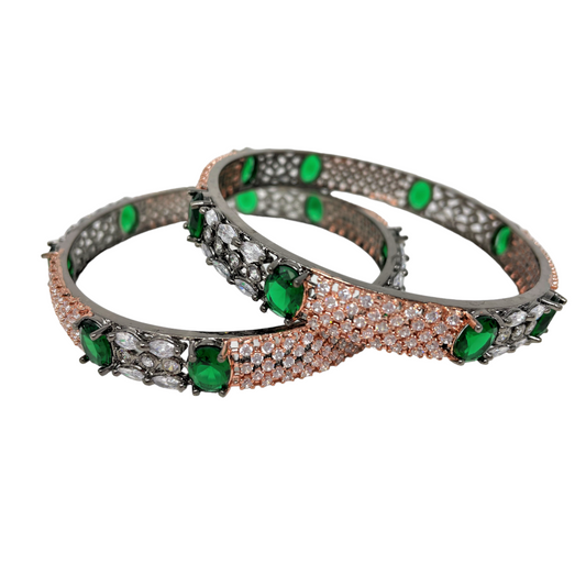 Victorian Polish Bangles with American Diamond CZ and Hydro Green Stones