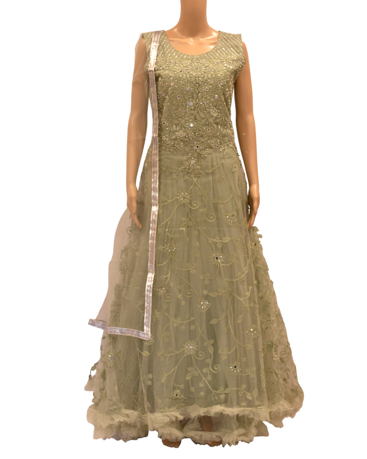 Partywear Green Indian Gown Dress With Net Dupatta M67 - Zenia Creations