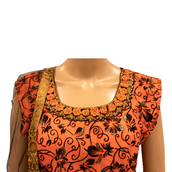 Partywear Orange Indian Gown Dress With Net Dupatta M58 - Zenia Creations