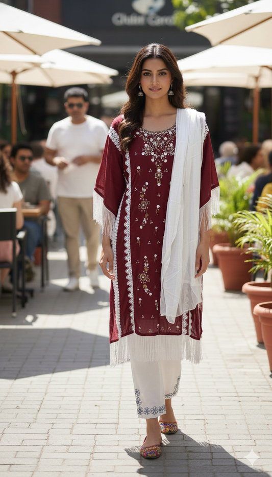Woman in a red and white traditional outfit standing outdoors with people and plants in the background.