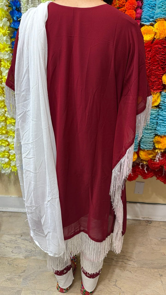 KF7 - Maroon & White Chikankari Kurta Set with Heavy Sequin Embroidery