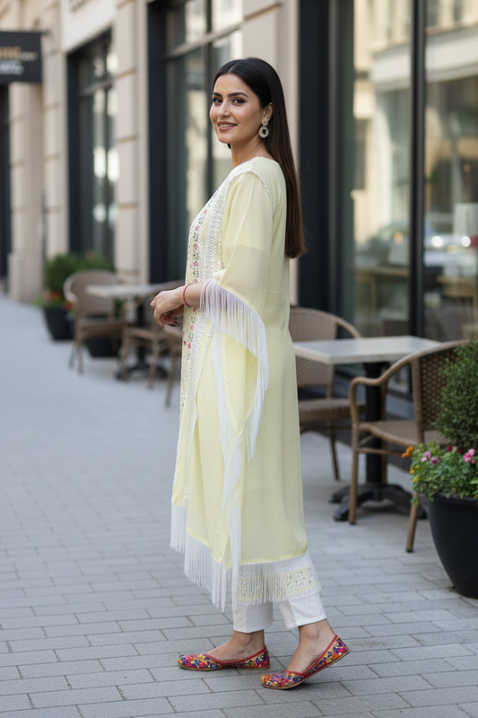 Woman in a light yellow outfit standing on a street with outdoor seating in the background
