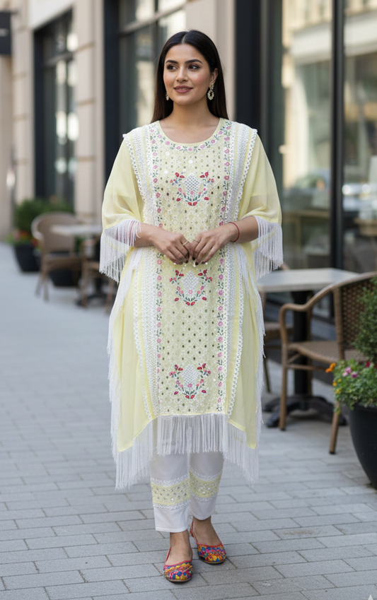Woman in a light yellow embroidered kurta with white pants standing on a sidewalk.
