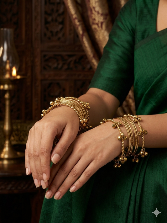 KMG - 4 Pc Kashmiri Mehendi Gold Antic Bangles with Bells, Ghungroo Kada Set