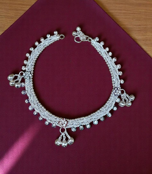 L10 - Silver-Plated Anklet with Ghungroo Drops Payal Jhankar 10"