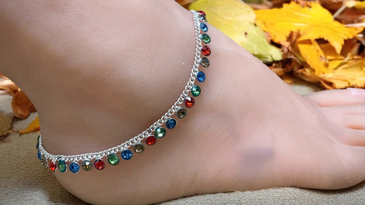 L4 - Elegant Silver Anklet with Multicolor Crystal Charms
