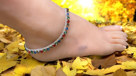 L4 - Elegant Silver Anklet with Multicolor Crystal Charms