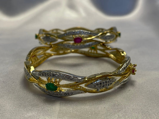 WAD11 - Dual-Tone Wave Bangle Set – Gold & Silver Plated Kada