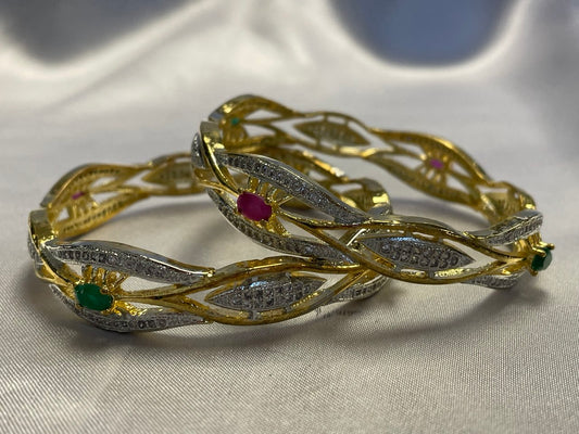 WAD11 - Dual-Tone Wave Bangle Set – Gold & Silver Plated Kada