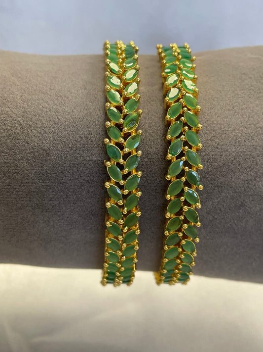 WAD12 - Emerald Green Marquise Bangle Set – Gold Plated Leaf Pattern Kadas