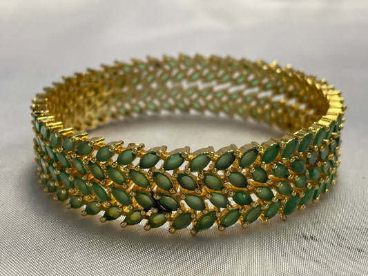 WAD12 - Emerald Green Marquise Bangle Set – Gold Plated Leaf Pattern Kadas