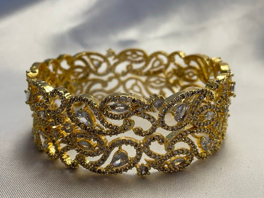 WAD17 - Gold-Plated Paisley Mesh Kadas – Intricate American Diamond Bangle Set - Zenia Creations