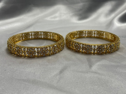 WAD4 - Radiant American Diamond Floral Bangles – Gold-Plated Filigree Kada Set - Zenia Creations