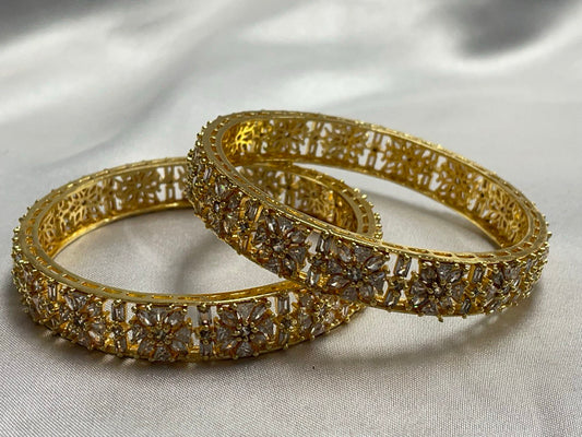 WAD4 - Radiant American Diamond Floral Bangles – Gold-Plated Filigree Kada Set - Zenia Creations