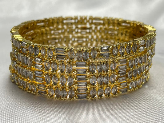 WAD5 - Brilliant Multi-Row American Diamond Kada – Gold-Plated Baguette & Marquise Statement Bangle - Zenia Creations