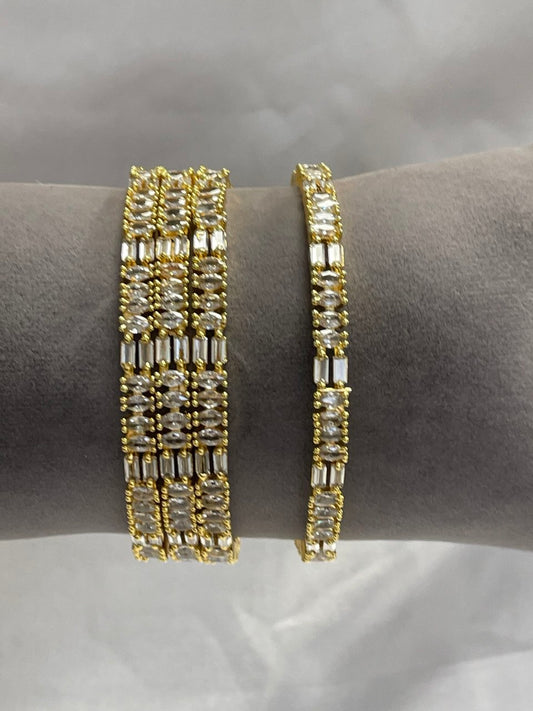 WAD5 - Brilliant Multi-Row American Diamond Kada – Gold-Plated Baguette & Marquise Statement Bangle