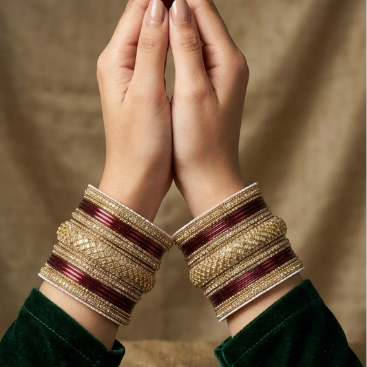 8056G - Gold-Tone Studded Bridal Maroon Bangle Set