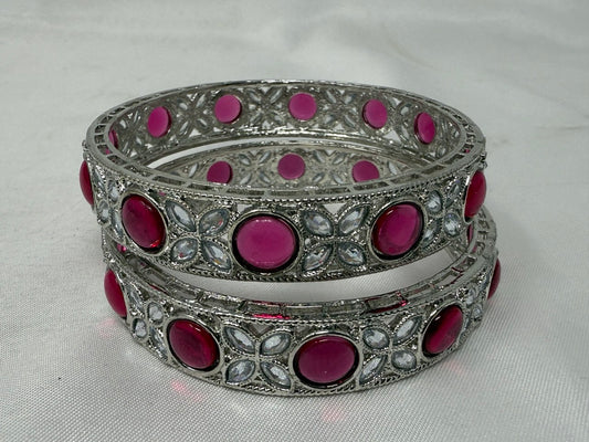 SM1 - Majestic Ruby & AD Silver-Plated Kadas – Floral Filigree Statement Bangles