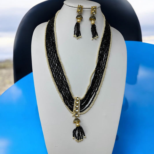 Elegant Multi-Strand Black Beaded Necklace Set with Pearl Accents #P12
