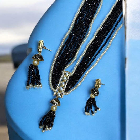 Elegant Multi-Strand Black Beaded Necklace Set with Pearl Accents #P12