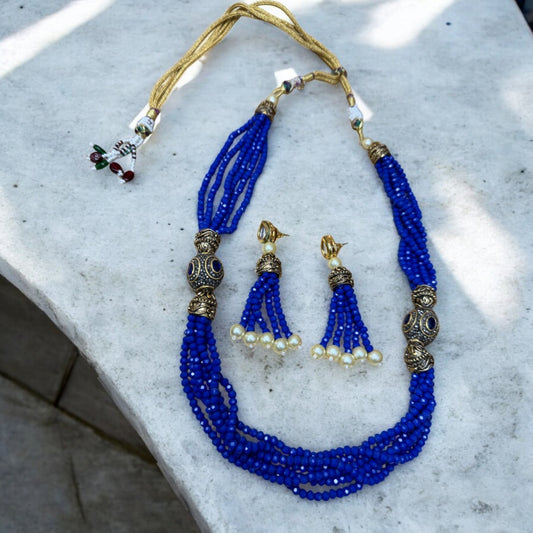 Royal Blue Beaded Necklace Set with Pearl Accents #P8