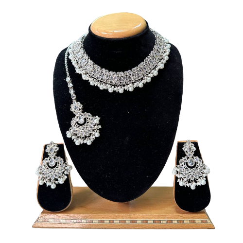 Polki Set With Mona Lisa Stones Necklace Earrings And Mangtikka Set #PS35