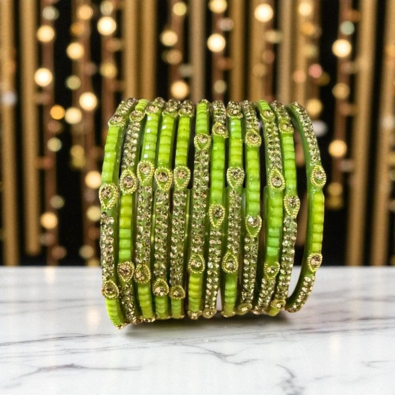 Gazab - Crystal & Gold Hand Stonework Glass Bangle Set Pack of 12 Bangles