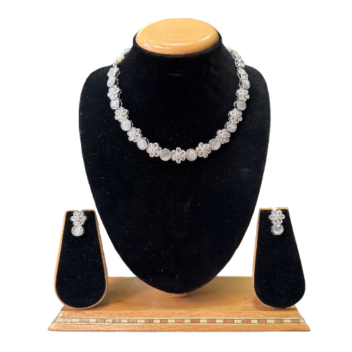 Polki Single Layered Necklace With Earrings Flower Pearl Design Set #PS25