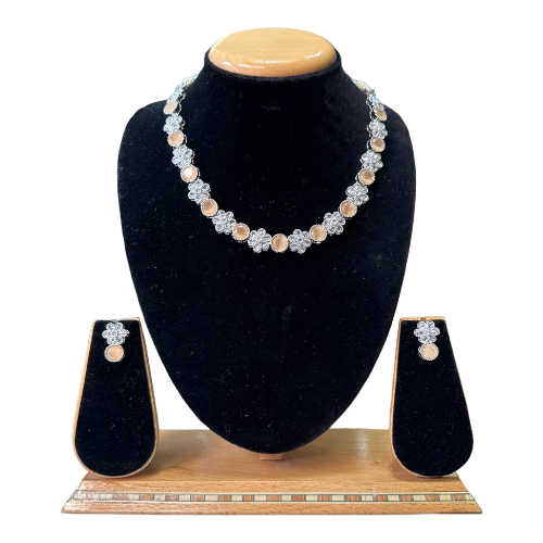 Polki Single Layered Necklace With Earrings Flower Pearl Design Set #PS25