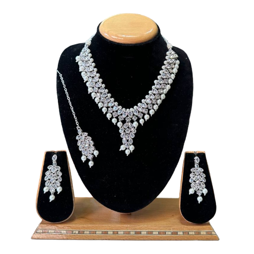 Polki Double layered Flower Necklace With Earrings Pearl Design Set #PS29