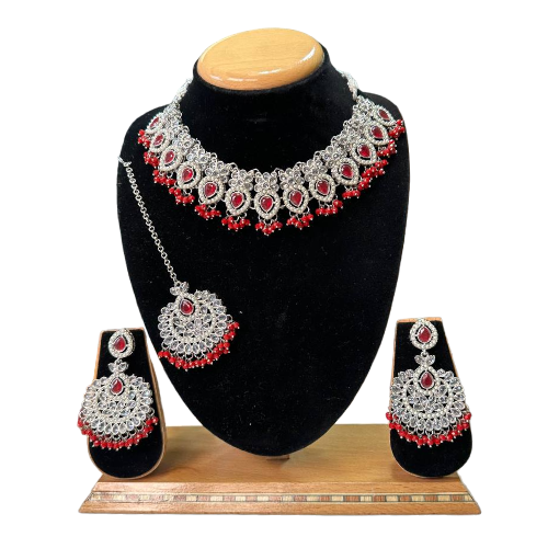 Polki Set With Mona Lisa Stones Necklace Earrings And Mangtikka Set #PS32