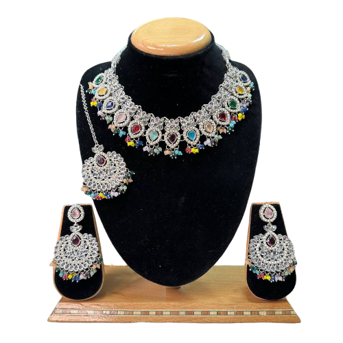 Polki Set With Mona Lisa Stones Necklace Earrings And Mangtikka Set #PS32