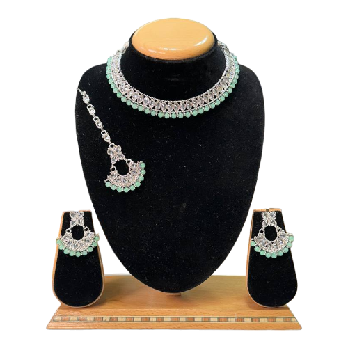 Polki Set With Mona Lisa Stones Necklace Earrings And Mangtikka Set #PS33
