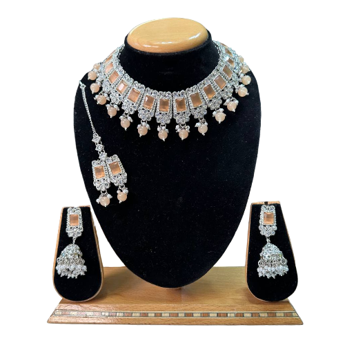 Polki Set With Mona Lisa Stones Necklace Earrings And Mangtikka Set #PS34