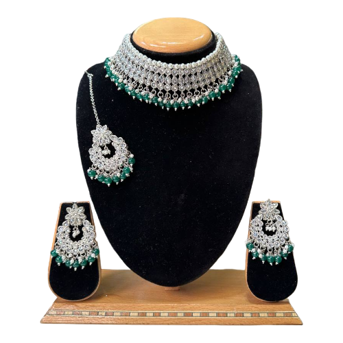Polki Set With Mona Lisa Stones Necklace Earrings And Mangtikka Set #PS38