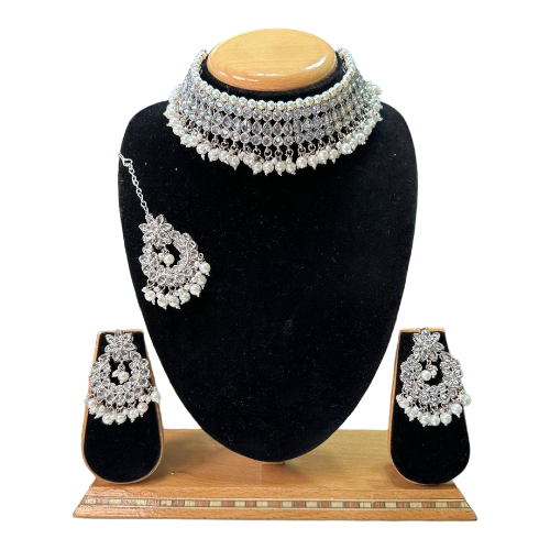 Polki Set With Mona Lisa Stones Necklace Earrings And Mangtikka Set #PS38