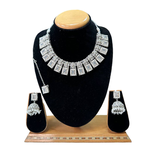 Polki Set With Mona Lisa Stones Necklace Earrings And Mangtikka Set #PS40
