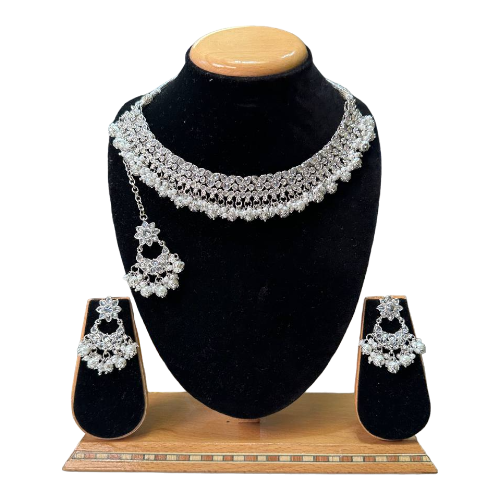 Polki Set With Mona Lisa Stones Necklace Earrings And Mangtikka Set #PS43