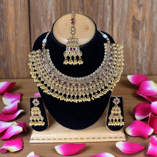 RADK3 - Bridal Jewelry Set Gold-Toned Necklace, Maang Tikka & Earrings with Ruby Stones