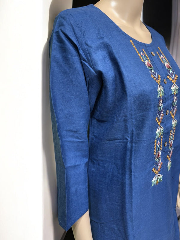 Top20 - Sleeveless Denim Kurti with Embroidery & Tassels