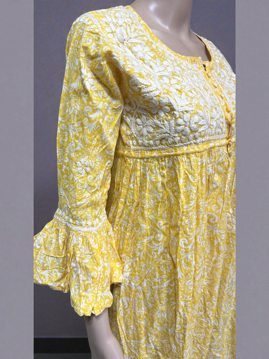 Top10 - Yellow Printed Maxi Dress LUCKNOWI Gown Kurti