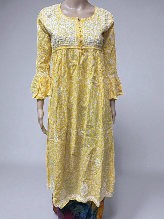 Top10 - Yellow Printed Maxi Dress LUCKNOWI Gown Kurti
